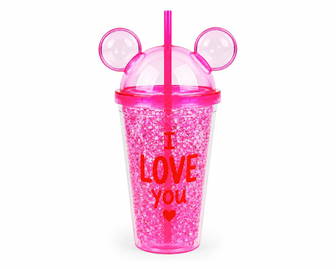 Cute Tumbler Cup with Earmuffs and Straw - Glitter Gel Cold Drink Cup for Kids Girls - Fashion Design (Pink)