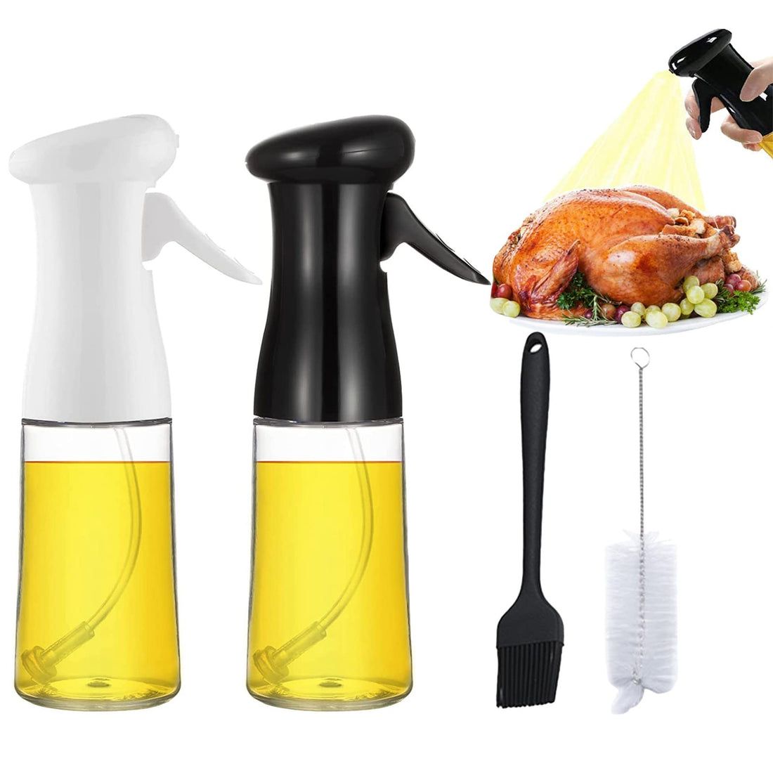 RoseFlower 2Pcs Oil Sprayer Bottle with Oil Brush, Cleaning Brush - Ideal Vinegar Sprayer Dispenser for Outdoor BBQ, Travel Cooking, Daily Kitchen Using - White and Black 210ml