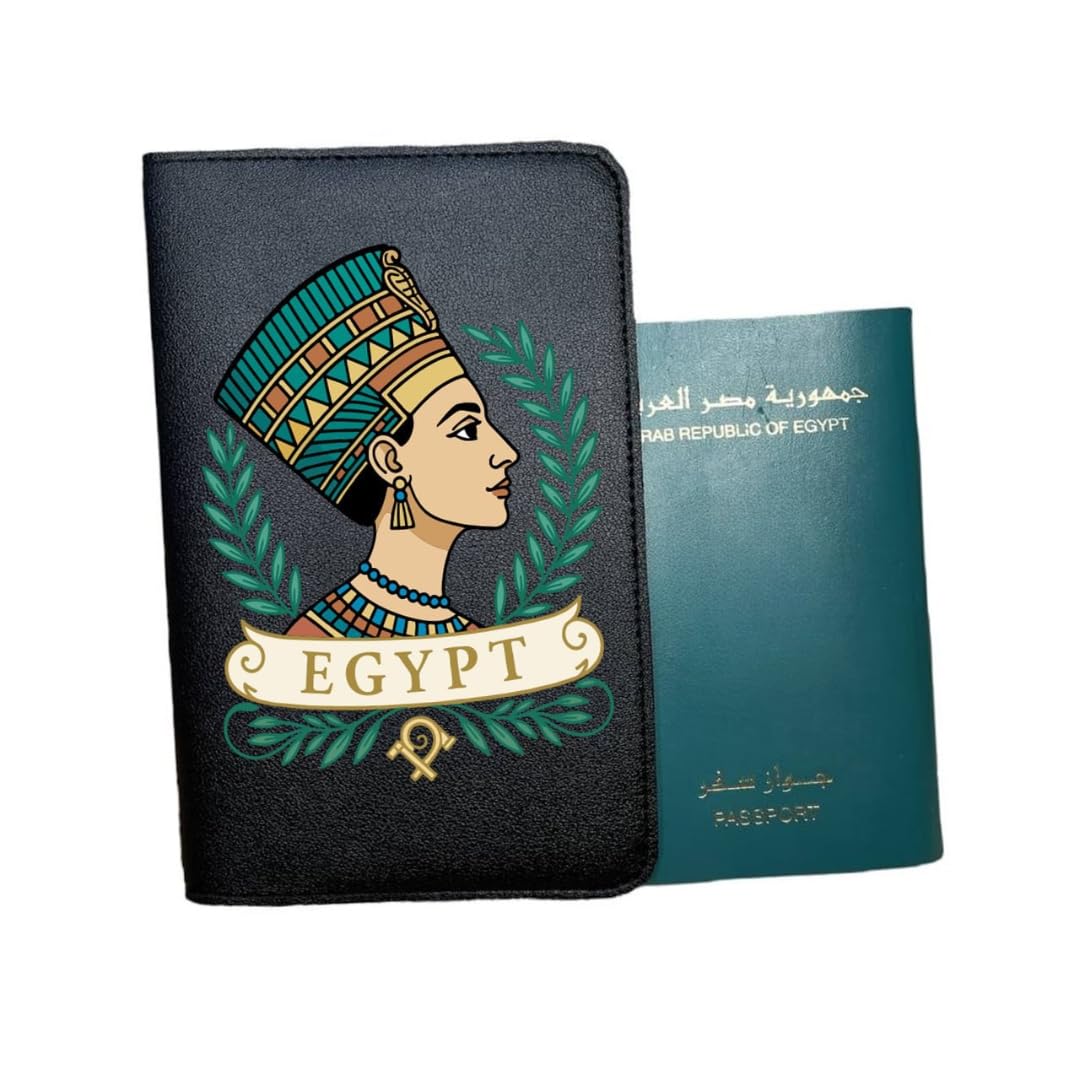 Ancient Egypt Inspired Passport Cover – Black PU Leather Travel Wallet with Card Slots – Pharaonic DTF Printed Design – Unisex Travel Accessory – Egyptian Gift Idea (Design Number 3)