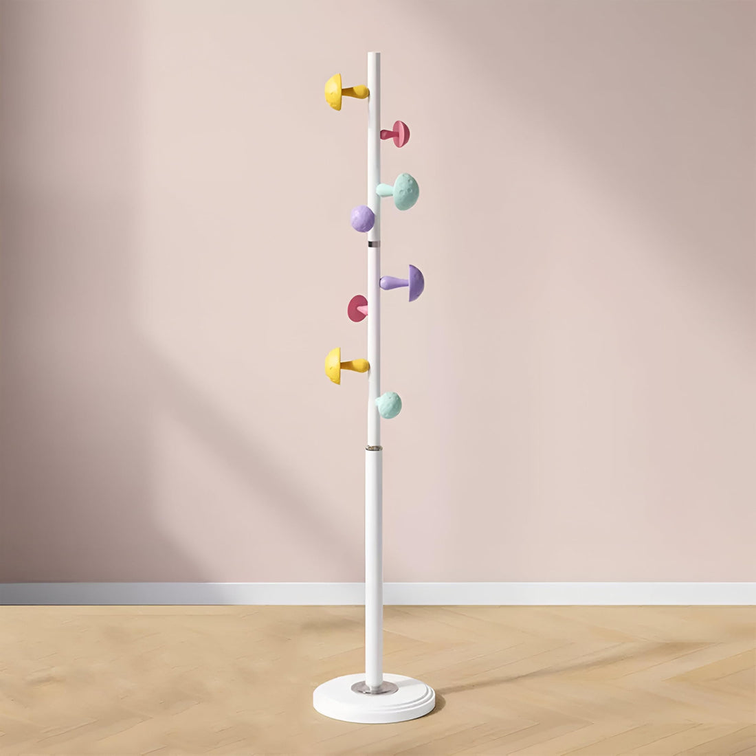 Entryway Bag Holder - Metal freestanding coat stand with mushroom-shaped hooks and resin base, 30cm wide, versatile for entrance organization