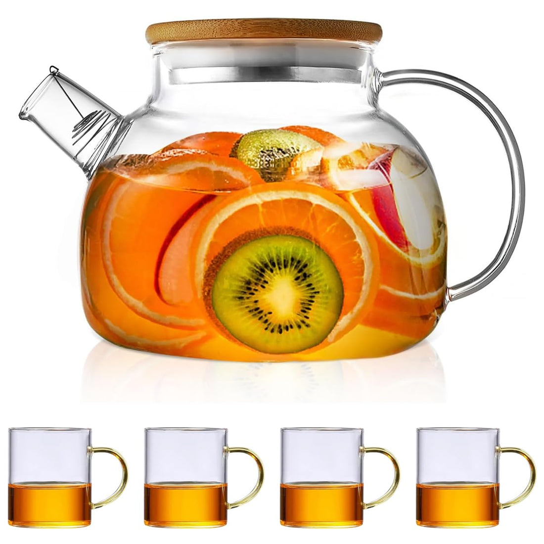 Plan A 1000ml Glass Teapot with Bamboo Lid and 4 Glass Cups, Safe Borosilicate Teapot for Stovetop Fridge Glass Water Kettle with Stainless Steel Infuser Heat Resistant