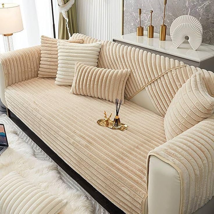 Ribbed Cotton Faux Fur Sofa Cover Set, Beige, 10-Piece Set with Large Sofa Cover 190x85cm, Small Sofa Cover 145x85cm, 2 Chair Covers 80x80cm, 6 Cushion Covers 50x50cm .flo (beige)