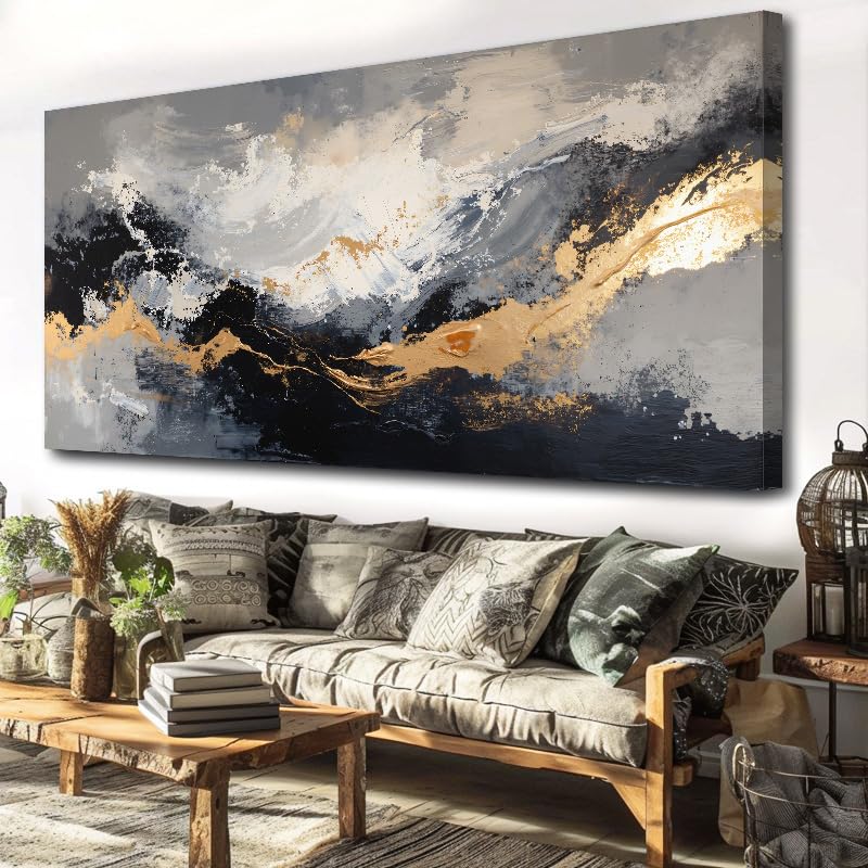 Modern Abstract Canvas Wall Art – Gold, Black, White and Grey Textured Painting – Contemporary Artwork for Living Room, Bedroom or Office Decor – Framed Ready to Hang - 120x60cm