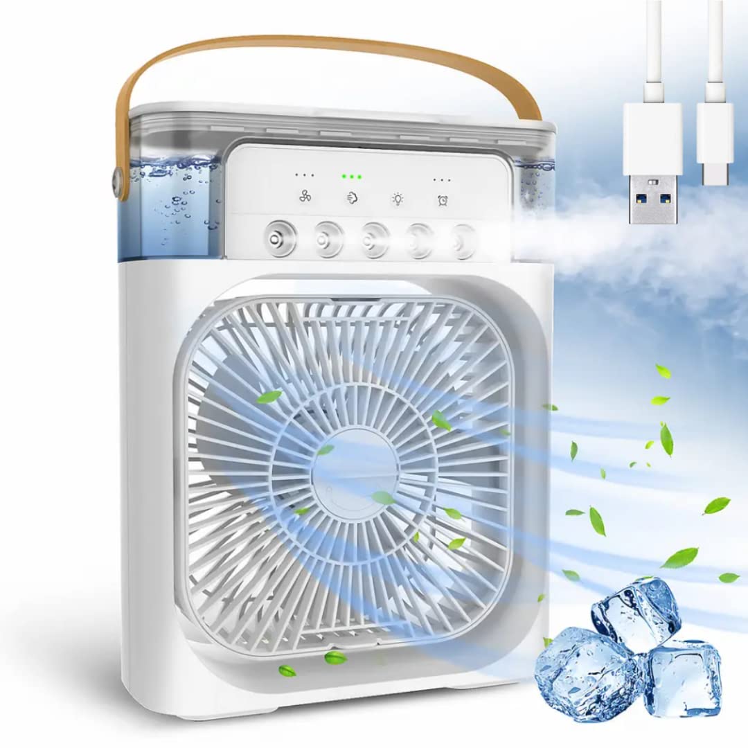 One94Store Portable Humidifier Air Cooler Mist Fan Mini Cooler For Home With 3 Speed Mode With Water Spray, 7 Color Led And Timer, Usb Personal Cooler Desk Fan (Usb Powered Mini Ac, White)