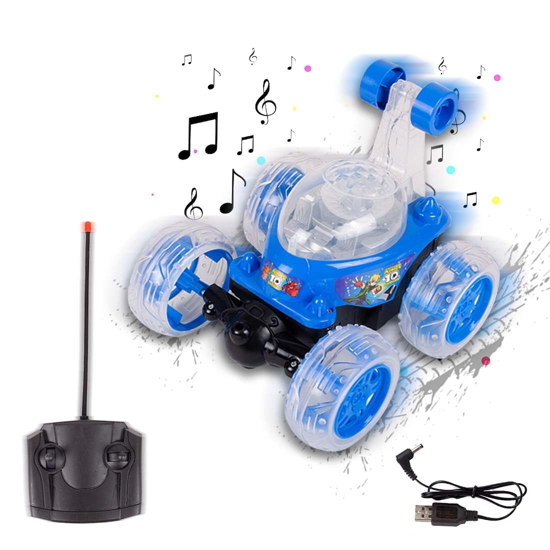 KID KRAZE® Rechargeable Rotating&Rolling Big Stunt Racing Car Toy with USB Charging Cable&Remote Control, Multicolor (Blue)