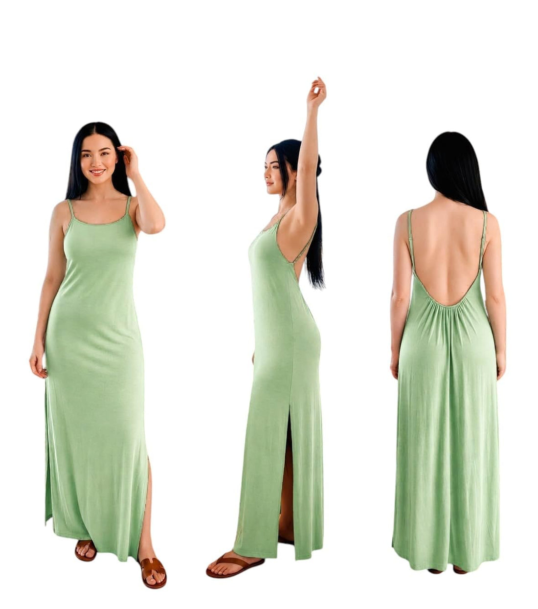 MEZA Women's Long Open Back Dress Cotton 200 Soft Spaghetti Straps Casual Elegant