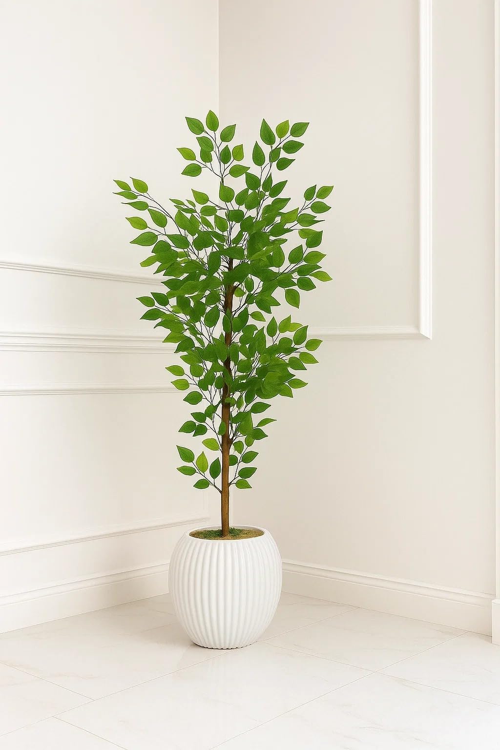 Artificial Green Tree with Dense Leaves in Elegant White Boot for Decoration.