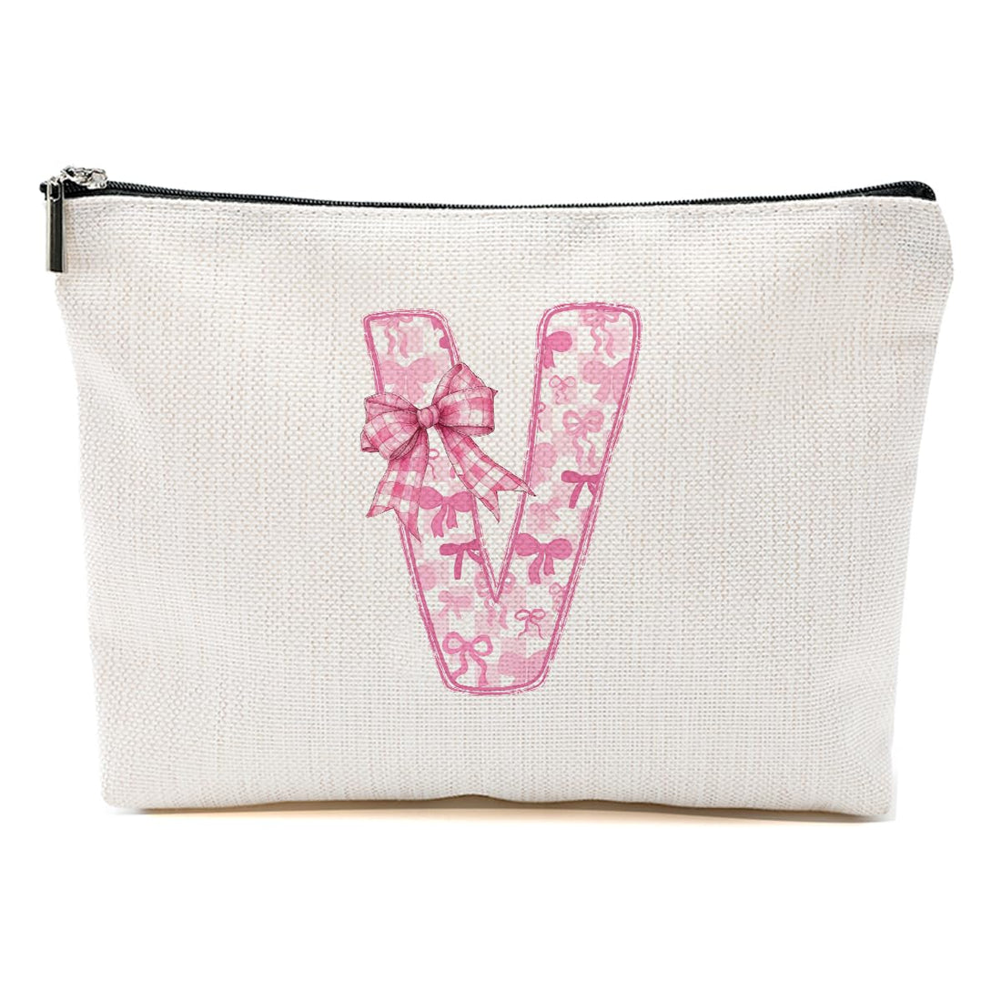 MQBMQB Personalized Initial Letter Makeup Bag, Rose Initial Cosmetic Bag with Zipper Birthday Gifts for Women Girls, Pink bow V, 9.62 * 7.42 Inches, Pink Bow