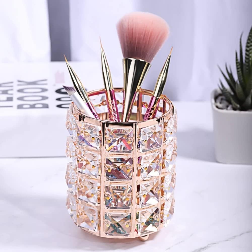 Rose Gold Crystal Makeup Brush Holder and Pen Stand Organizer Dressing Table Organizer (Rose Gold) (Round)