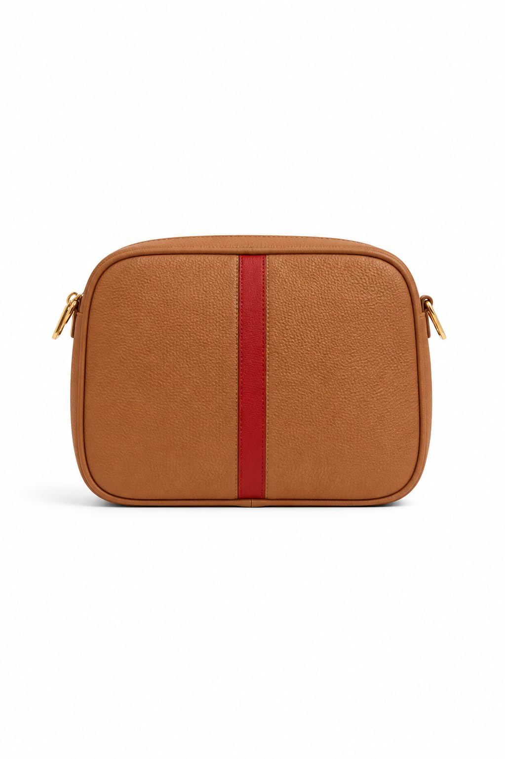 A stylish women's handbag with a square design, made of faux leather in a camel color with a central red stripe, perfect for everyday outings and formal occasions.