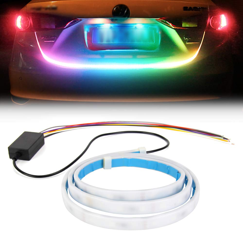 Car Trunk Strip Light 48inch LED Rear Tailgate Dynamic Streamer Reverse Brake Driving Turn Signal Flow 12V Waterproof 60pcs RGB Strips (CDN-RGB-Trunk-1.2m)