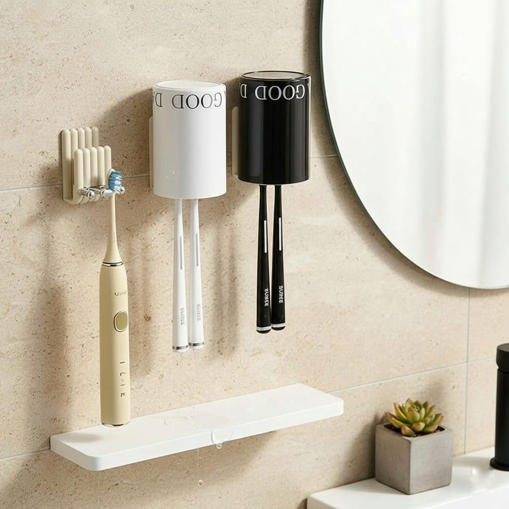 Modern Acrylic Toothbrush Holder with Cup Wall Mounted Bathroom Organizer for Electric Toothbrushes and Paste Sleek Minimalist Design Black or White
