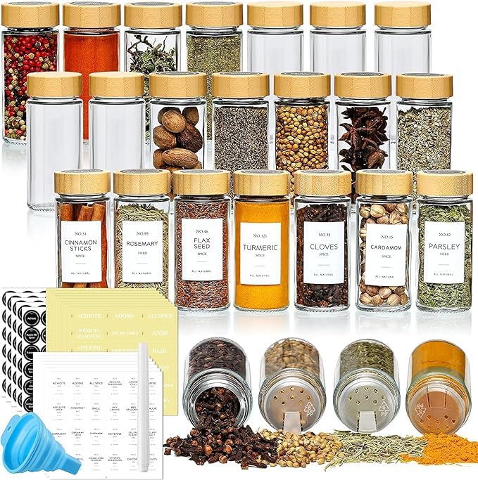 Round Glass Seasoning Spice Jars With Label, Glass Spice Jars With Bamboo Lids,Spices Container Set With 24 Packs Plus Brush Funnel Stickers (24 Piece Set)