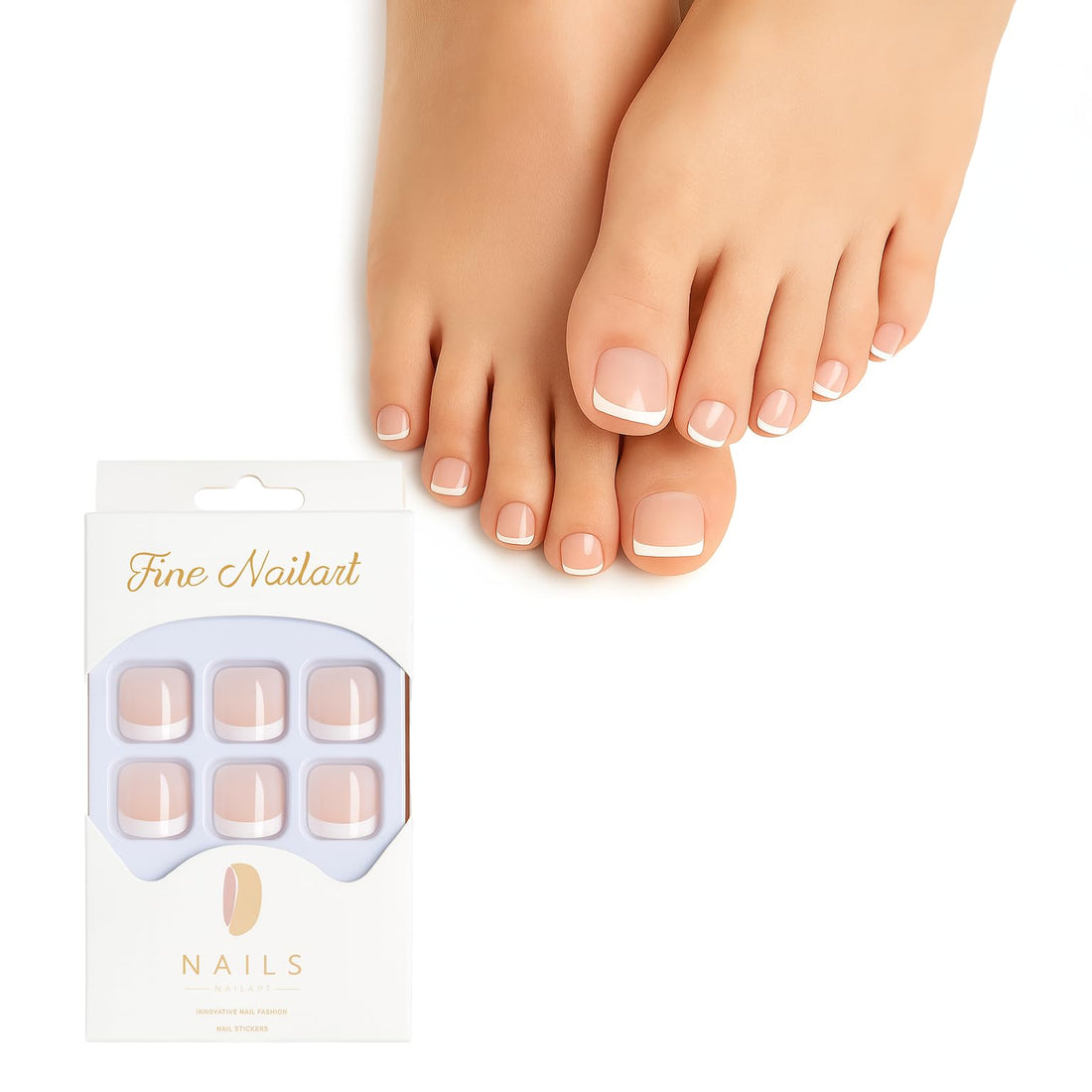 AmazingEGP | Press-On Toenails French Design, 24 Pieces, Short Square Style, Multiple Colours with Application Kit