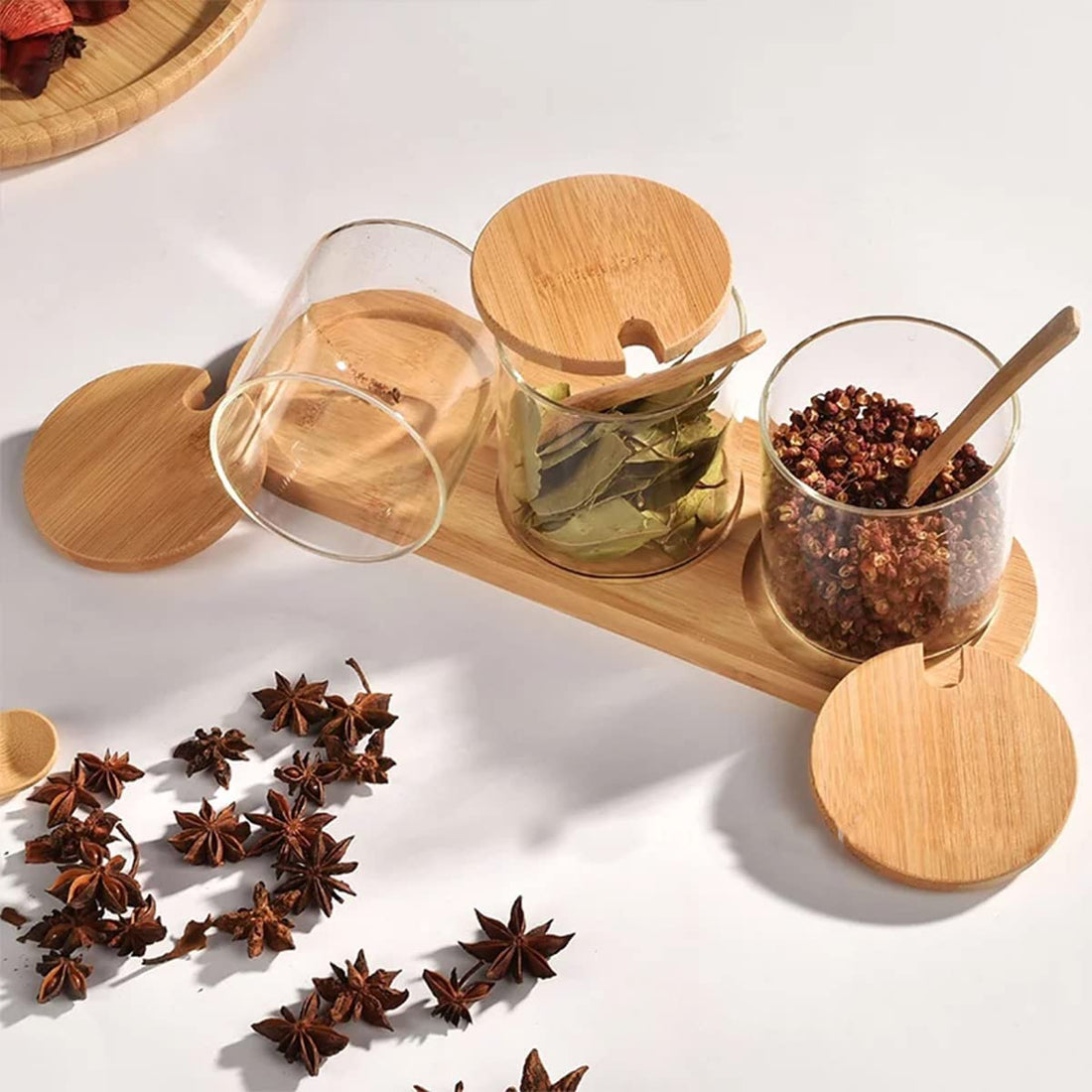 Glass Spice Jar Set of 3 – Seasoning & Condiment Containers with Bamboo Lids, Spoons & Stand, 320ml Salt & Sugar Jars for Kitchen & Coffee Bar