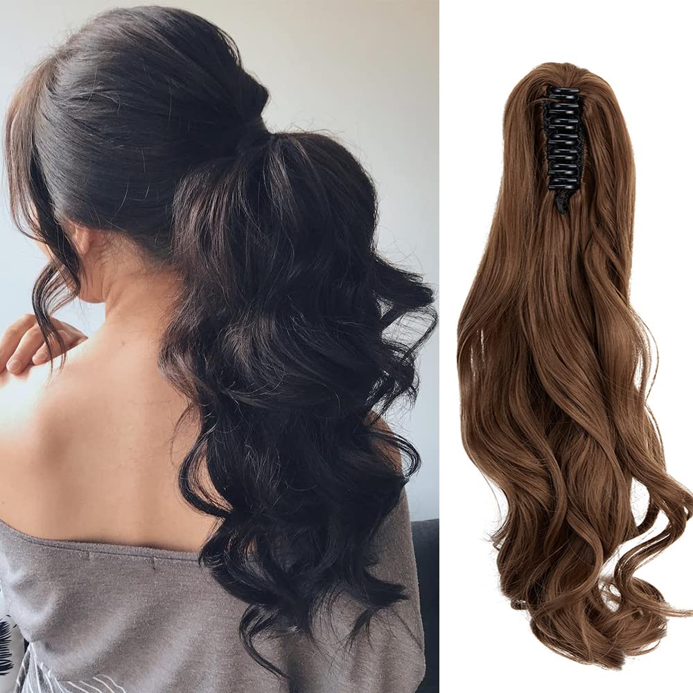 SAITI Long Short Claw Ponytail Hair Extension - One Piece Cute Clip in Synthetic Curly Extensions Hairpiece 18'' Brown