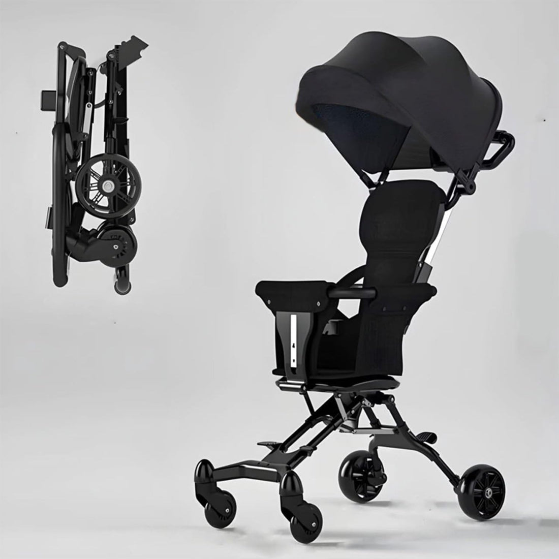 Lightweight foldable baby stroller, portable two-way stroller with easy-carry handle, 80 kg load capacity for children from 5 months to 6 years old - Airplane approved (Black)