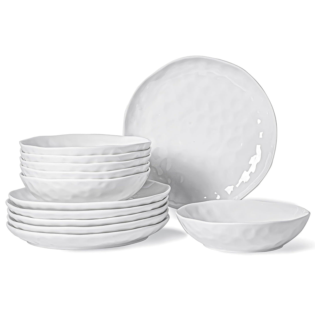 White Set 12 Piece Service 6, Porcelain Sets, Over Size Plates Sets Dessert Salad and Pasta, Dishes Set