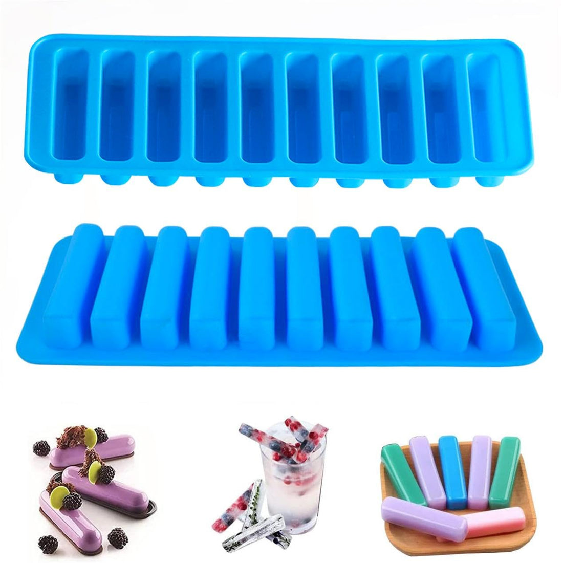 Pack of 2 Silicone Ice Cube Trays, Silicone Mould, Space-Saving and Stackable Ice Cube Tray with Lid, Blue Ice Cube Trays for Coffee, Cocktails, Whisky, Cooling Drinks