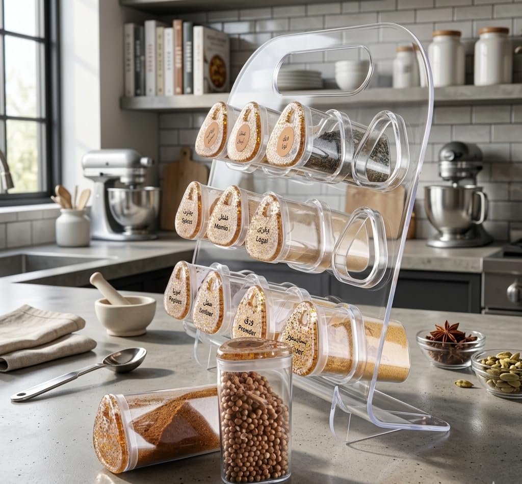 Acrylic Spice Rack Organizer with 12 Clear Containers Multi-Purpose Kitchen Storage Base for Herbs and Seasoning with Airtight Lids for Freshness
