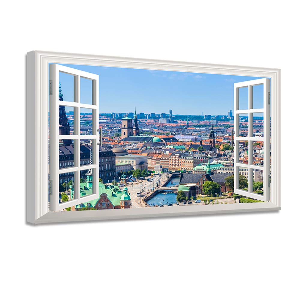 Woxfcart Window Frame Style Canvas Print Wall Art City Landscape Copenhagen Nature Pictures For Modern Home Decoration - 24x36 inches