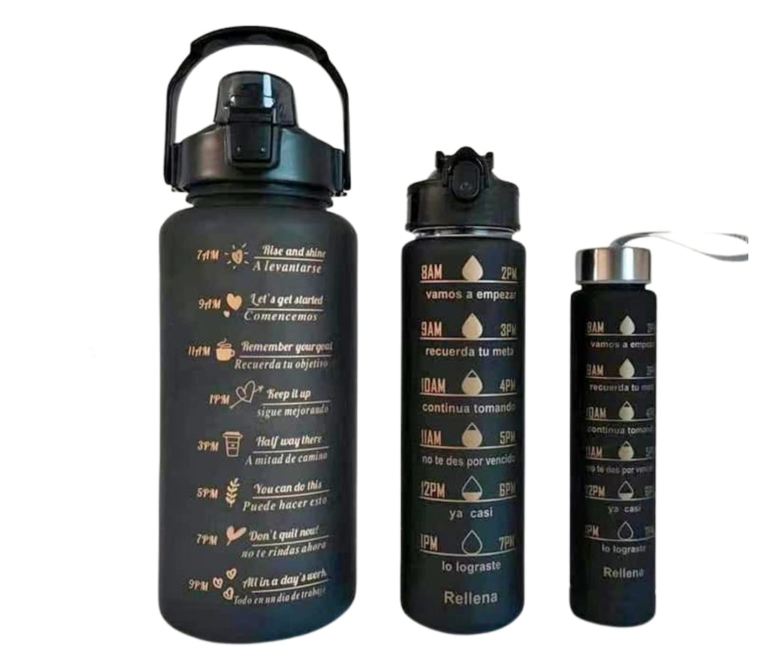 Laguna Gadgets| Kit 3 Pieces Motivational Sports Bottle, BPA-Free Sports Bottle, Motivational Flask, Large Capacity, 2L+990ML+330ML 3pcs, Black with Gold, Bottles for Gym, Thermos Gym.