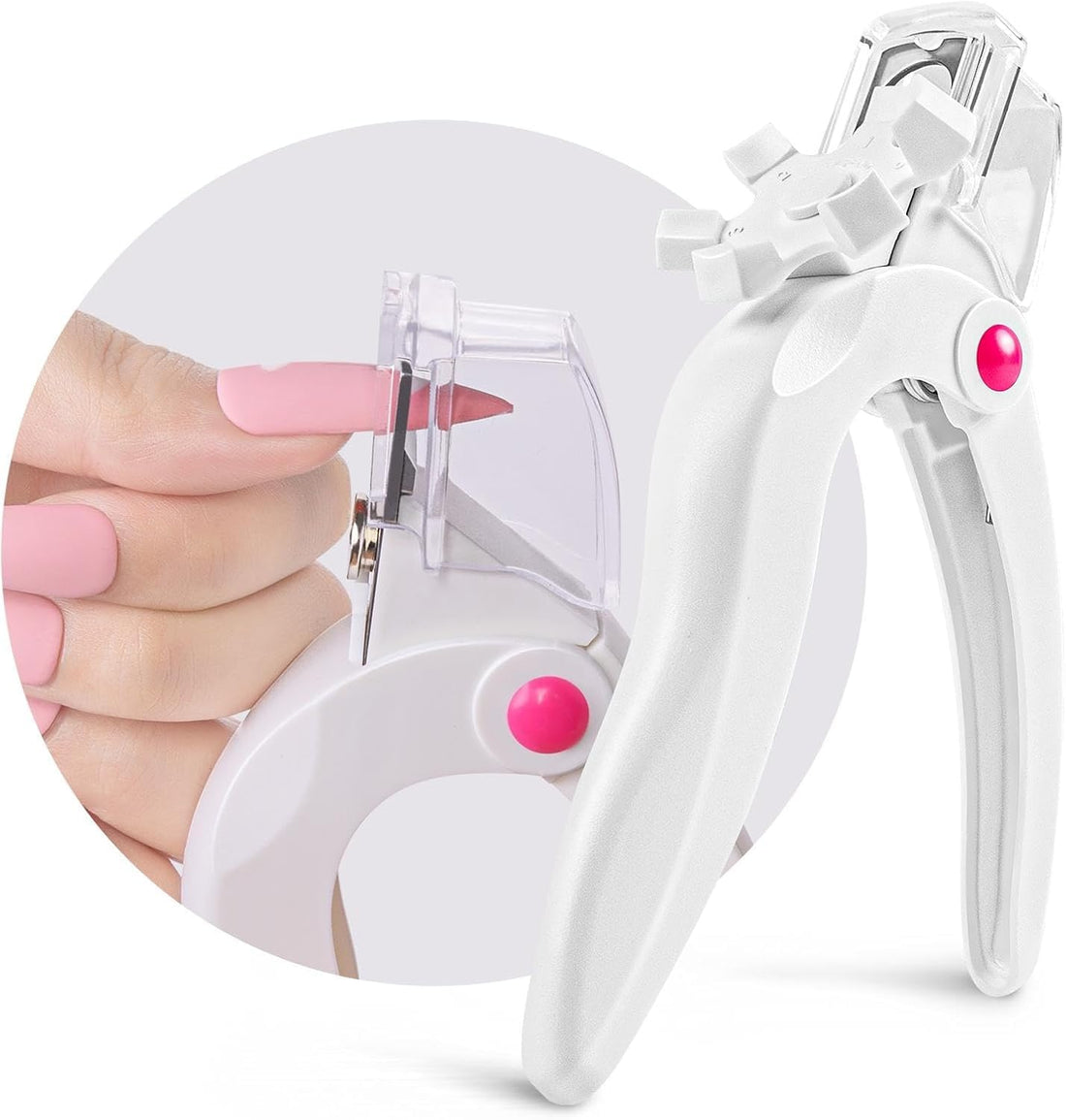 Adjustable Acrylic Nail Clippers with Sizer and Catcher – Professional Nail Tip Cutter with Length Measurement Dial for Fake Nail Extensions, Nail Art Manicure Tool for Home Salon – White