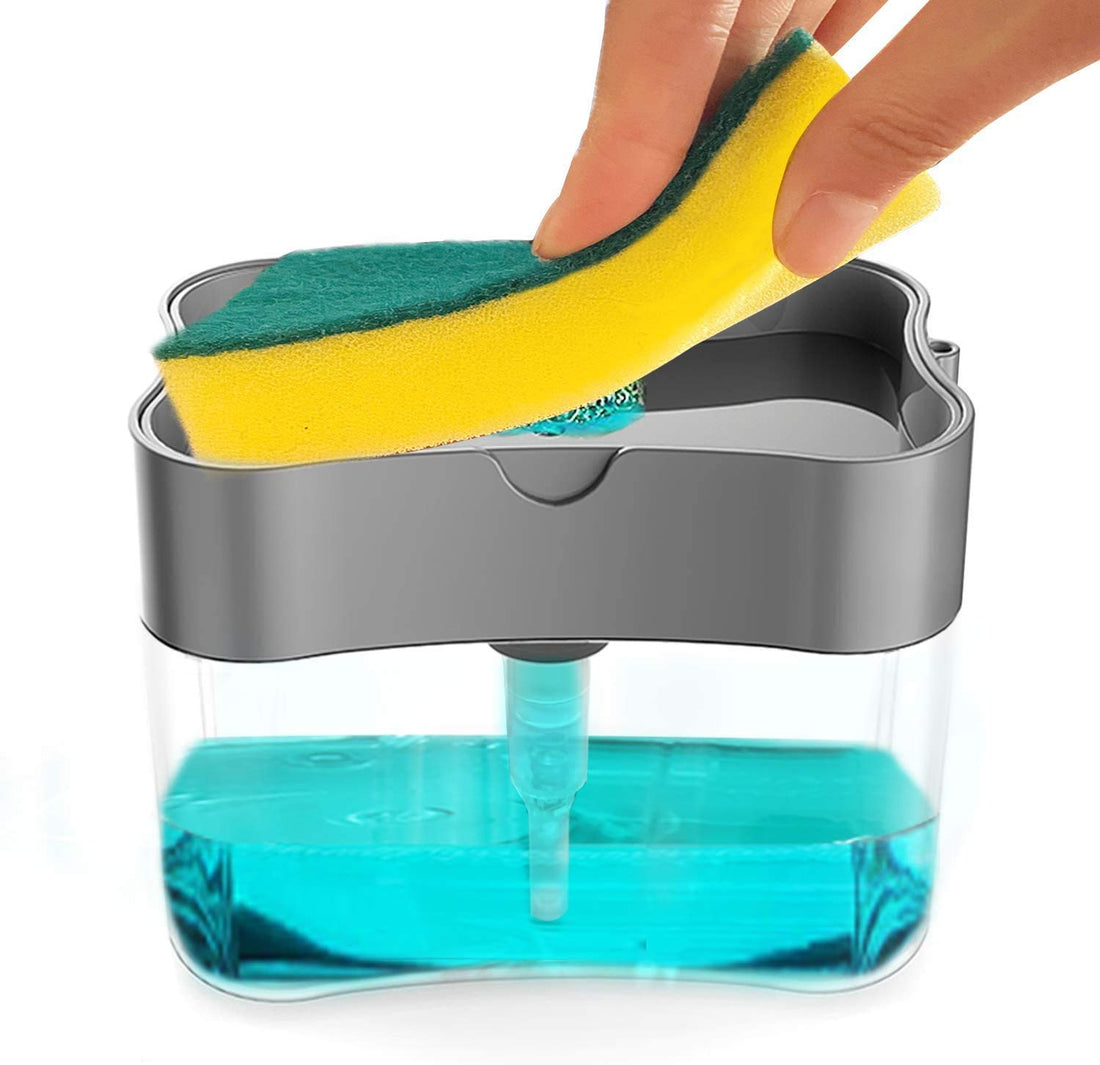 KESI ORNAMENTS 2-in-1 Kitchen & Bathroom Soap Dispenser With Sponge Dish Wash Sink Pump Holder for Liquid Gel Shampoo - Kitchen & Bathroom Accessories & Bottle Cleaning Brush