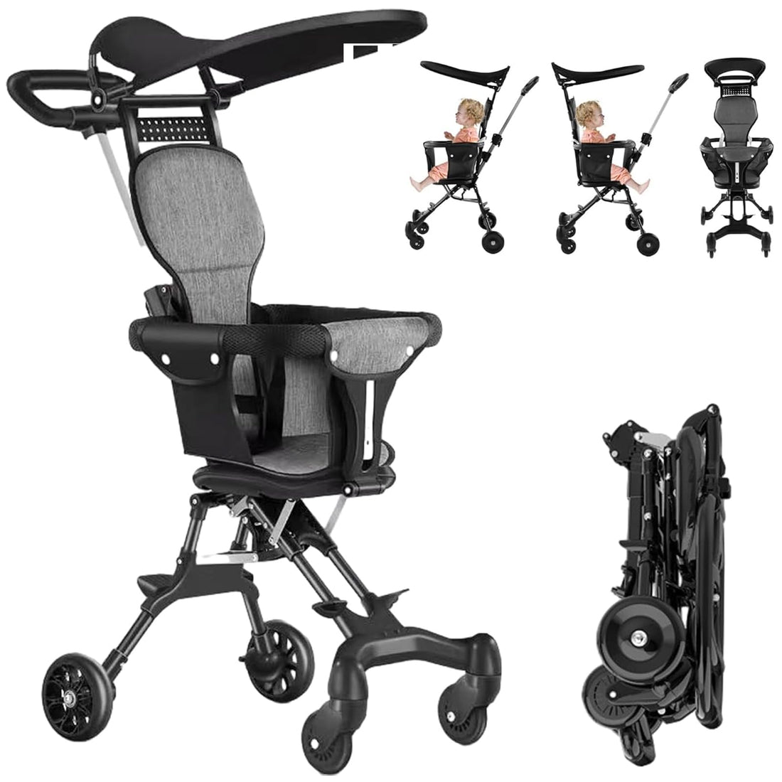 Baby Stroller With Adjustable Handles and Backrest - One-Hand Fold for Airplane Storage, Shopping, Walking, Travel