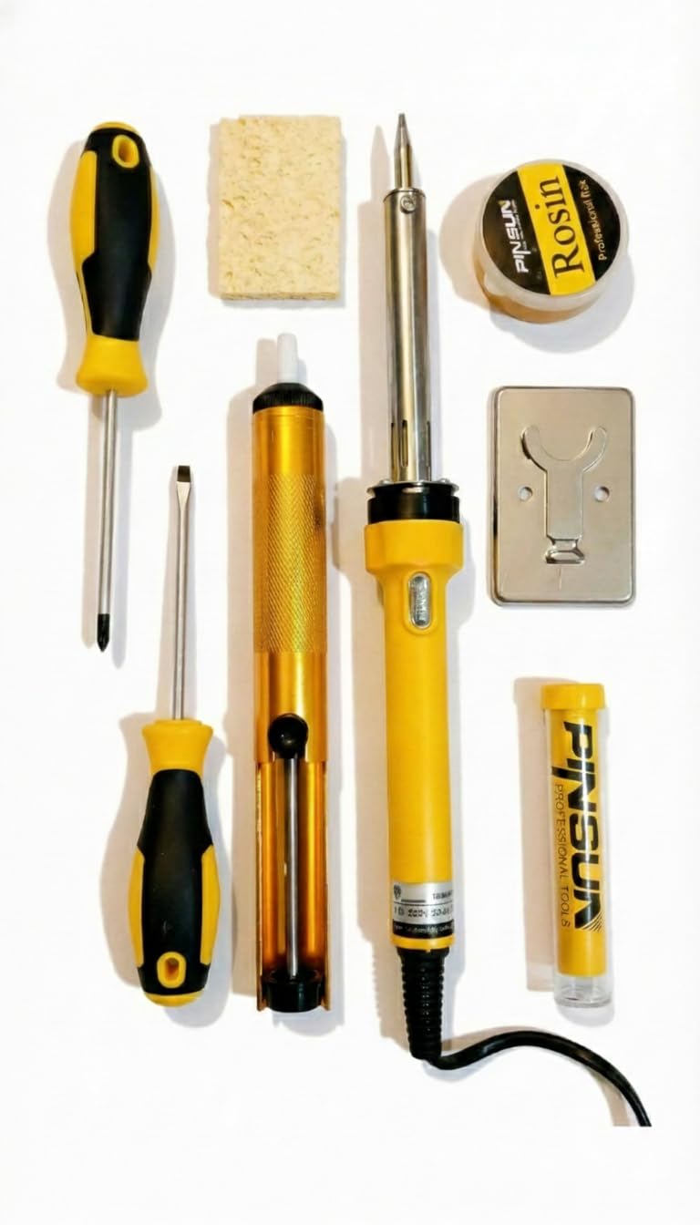 Complete Electric Tin Soldering Iron Kit (8 Pieces) - Includes Metal Tin Hood, Solder Wire, Auxiliary Paste (Flux), Screwdrivers, and Holder - Ideal for Electronics and Electrical Panel Maintenance
