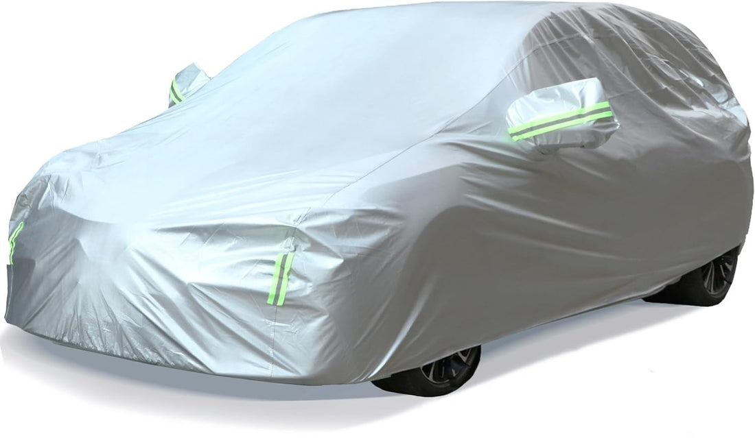 Car Cover All Weather Full Cover for Car Waterproof & Windproof & UV Protection Scratch Resistant Outdoor Cover with Reflective Strips Universal Gray Car Cover for SUV (Silver,XL)