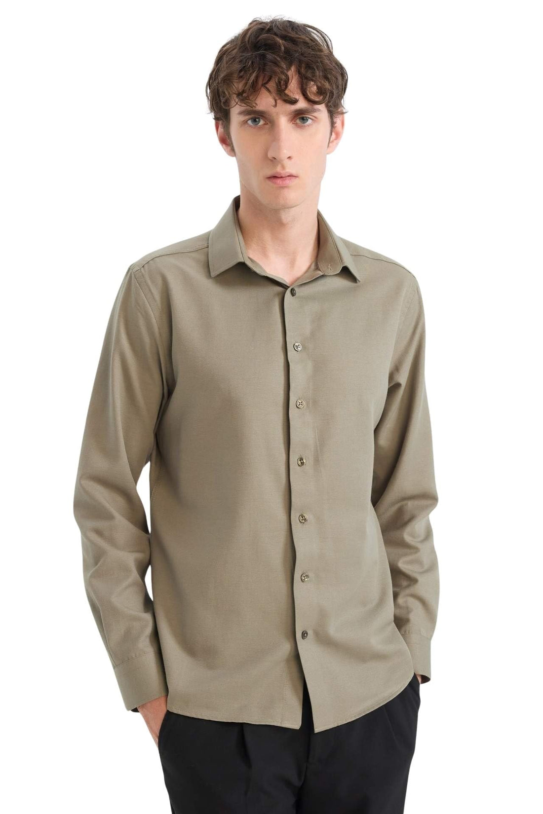 DeFacto Mens Slim Fit Polo Neck Long Sleeve Smart Casual Woven Top Long Sleeve Shirt R4340AZ Long Sleeve Shirt