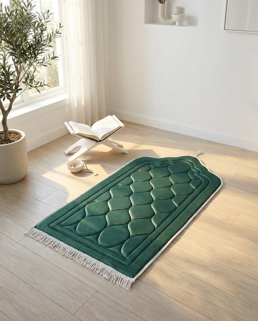 Premium Medical Prayer Mat Padded for Knees and Joints - Mehrab Ottoman Design Soft Plush Large Size 120x70cm (1.5cm Sponge), Royal Colors (Olive)
