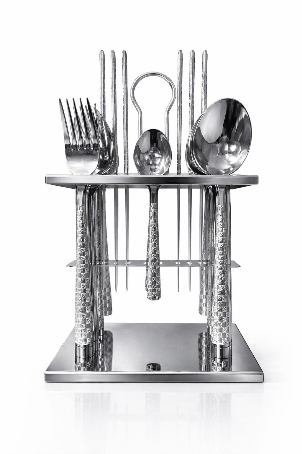 24-Piece Stainless Steel Flatware Set with Stand, Cutlery Set, Include Knives Forks Spoons Large and Small Cutlery Set Service for 6, Dishwasher Safe (Silver, Shape 4)