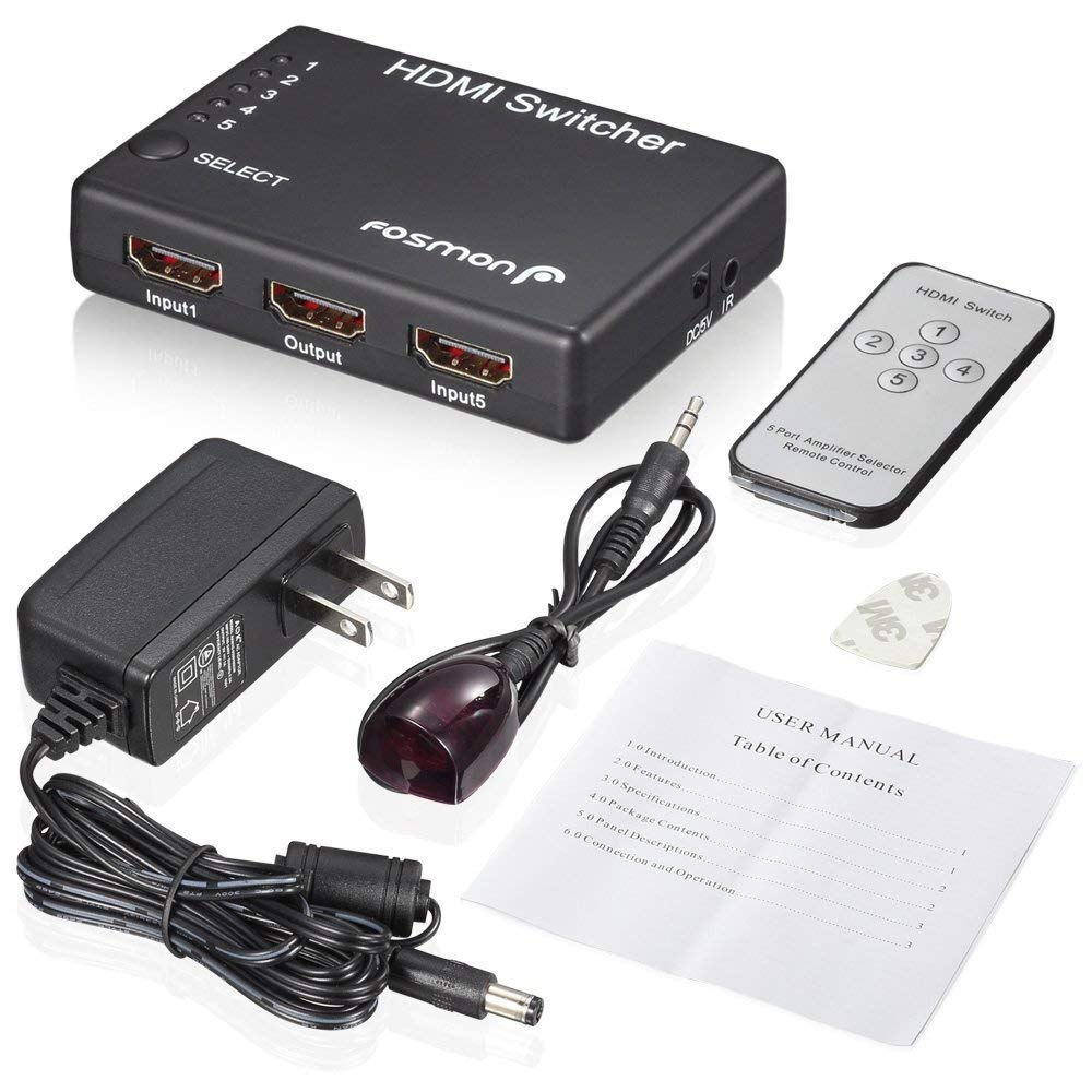 5x1 Port Switcher HDMI Switch with IR Wireless Remote Control with 3D support