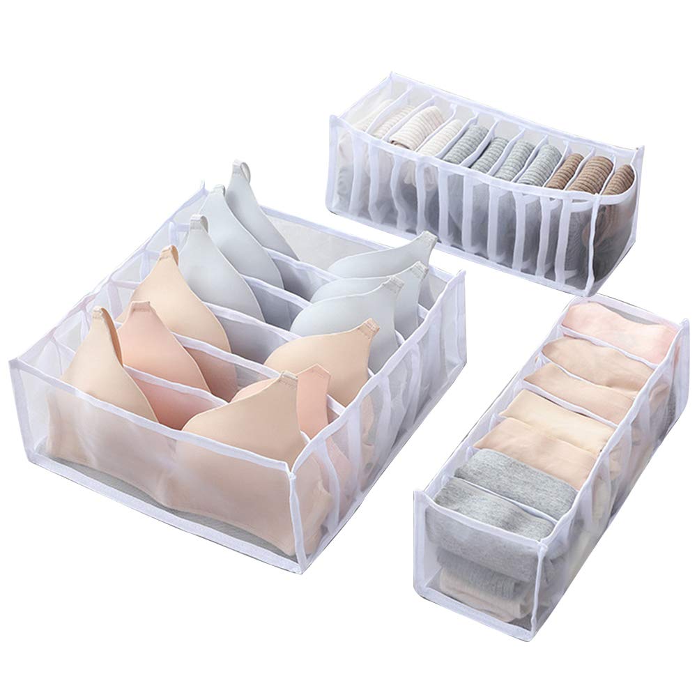YURRUON Underwear Organizer, Underwear Storage Box With Compartments, Socks Bra Underpants Organizer foldable drawer organizer (6 Grids + 7 Grids + 11 Grids) (White)