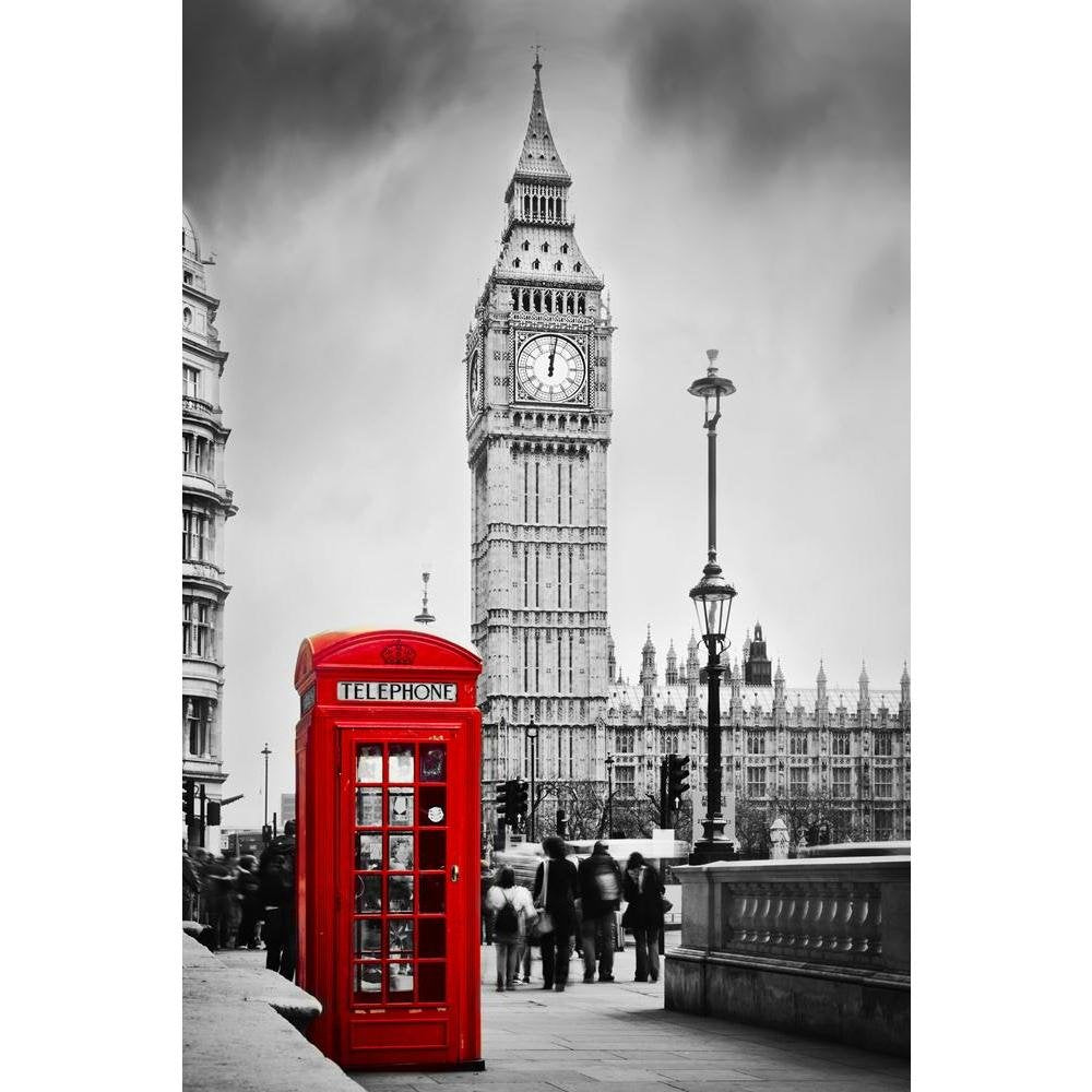 Pitaara Box Canvas Painting | MDF Wood Mounting Frame | 14 x 21 inch (36 x 53 cms) | Red Telephone Booth & Big Ben In London England UK D1