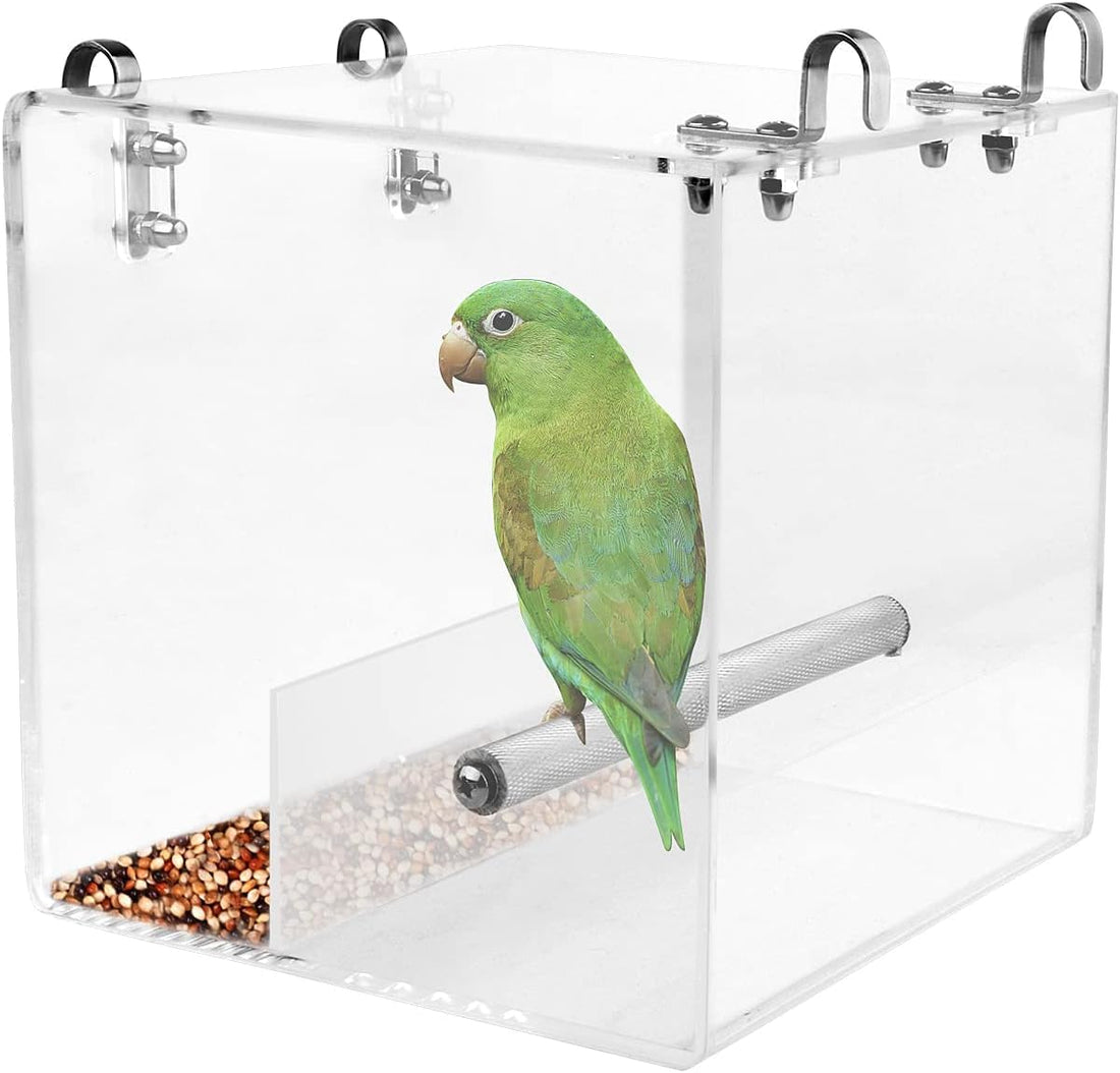 Best Media No Mess Bird Feeder for Cage, Acrylic Automatic Seed Container Parrot Food and Water Holder, Small - 13 x 13 cm