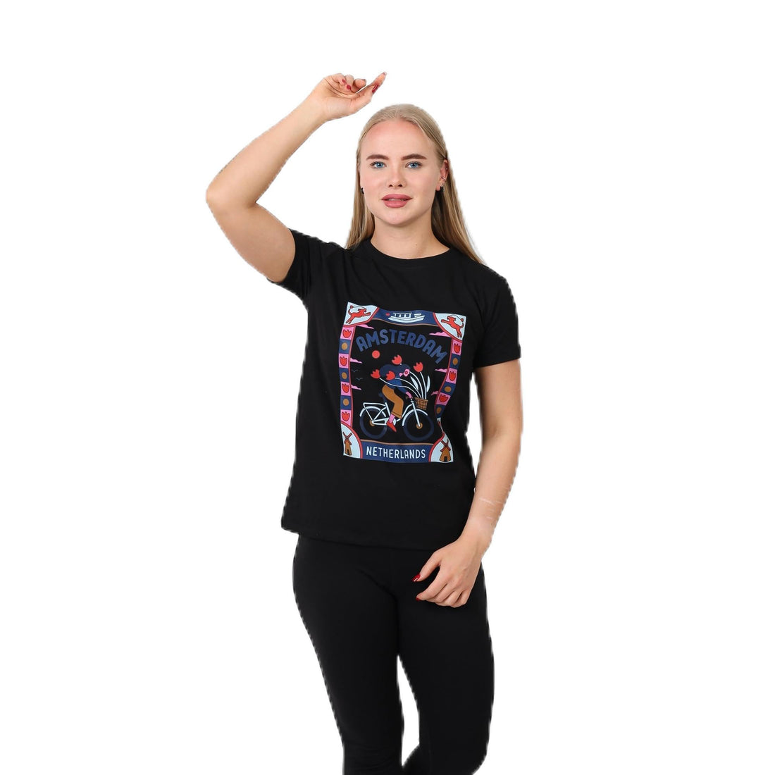 Amsterdam Netherlands Graphic Cotton T-Shirt, Bicycle Design with Hearts-2632N