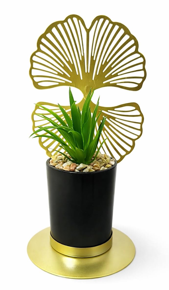 Gold Artificial Planter Premium Ginkgo Leaf in Black Pot and Metal Base, Chic Masterpiece Decorative Plant for Table, Buffet, Wall Shelves, High-End Art Accessory for Entryways, Councils, Luxury Look