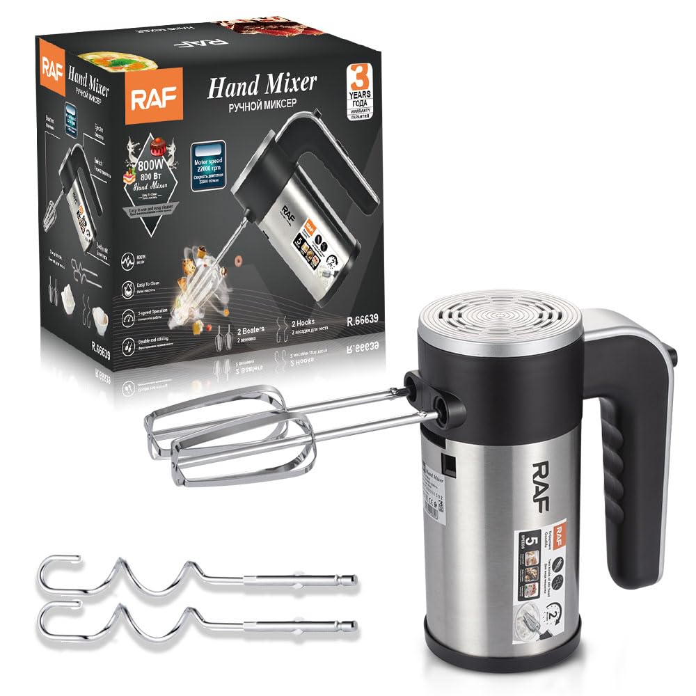 Hand Mixer Electric 800W-5 Speed,3 Year Warranty,Stainless Steel Beaters,Dough Hooks,Kitchen Mixer,Baking Whisking Dough Mixing| مضرب بيض كهربائي 800 واط 5 سرعات ضمان 3 سنوات