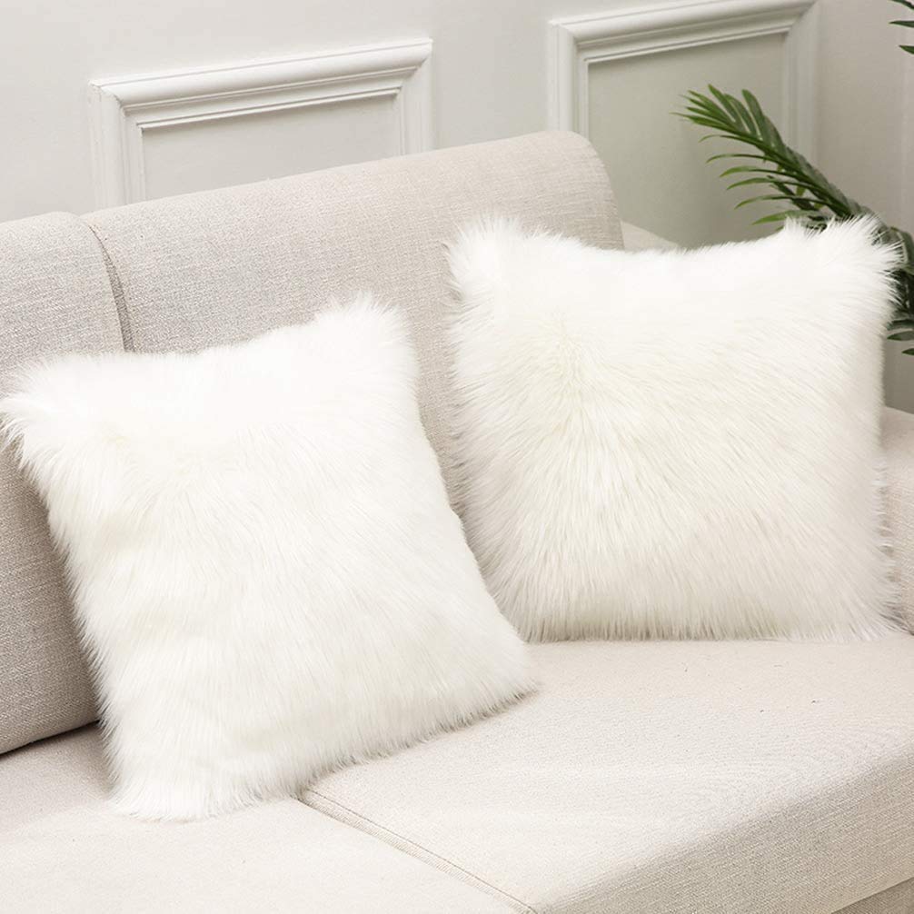 Set of 2 Faux Fur Luxurious Home Decorative Cushion Covers - 40x40CM White Throw Pillow Covers - Fluffy Soft Square Plush Case - For Living Room, Sofa, Bedroom