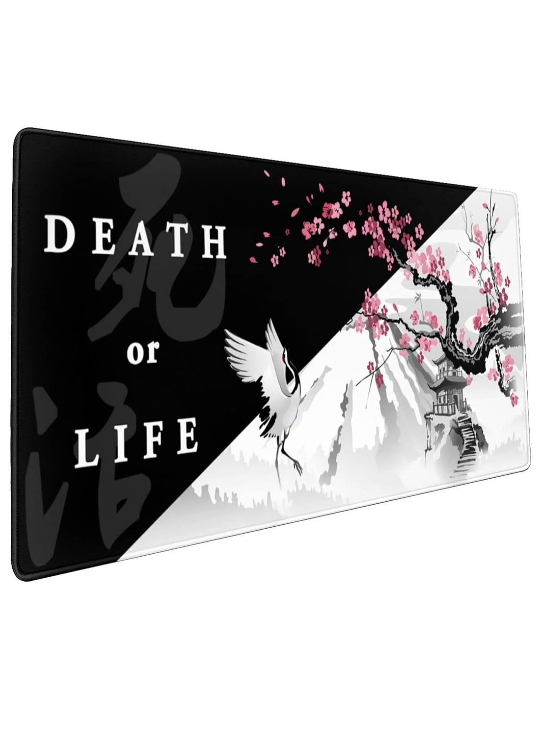 Black White Japanese Mouse Pad (80x30x2mm) Pink Cherry Blossom Death Life Sakura Full Desk Mousepad Extended Large Non-Slip Rubber Base Big Keyboard Mat with Stitched Edges for Gaming Office