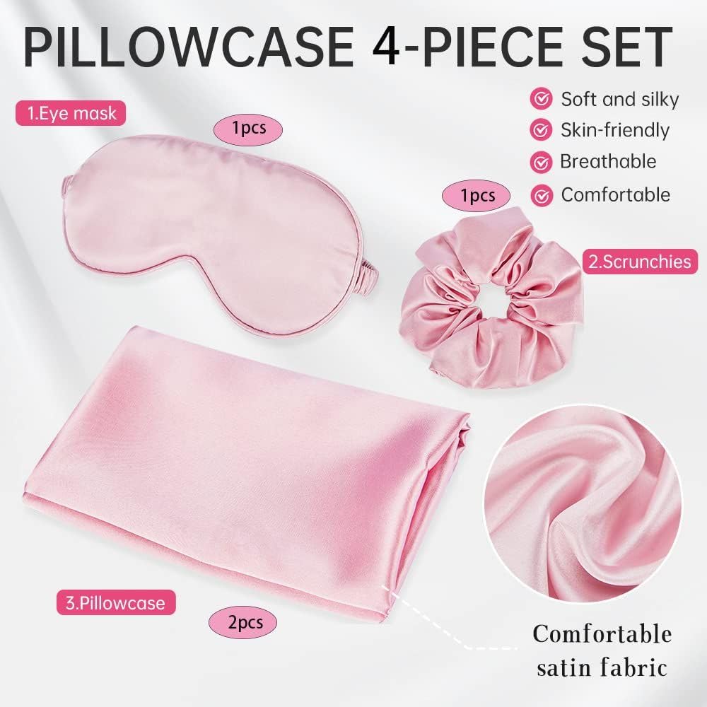 Silky Satin Pillow Eye Mask 3-Piece Set 20"x30" Satin Pillow Case Eye Mask Scrunchies Blind Fold Set for Men Women. (Pink)