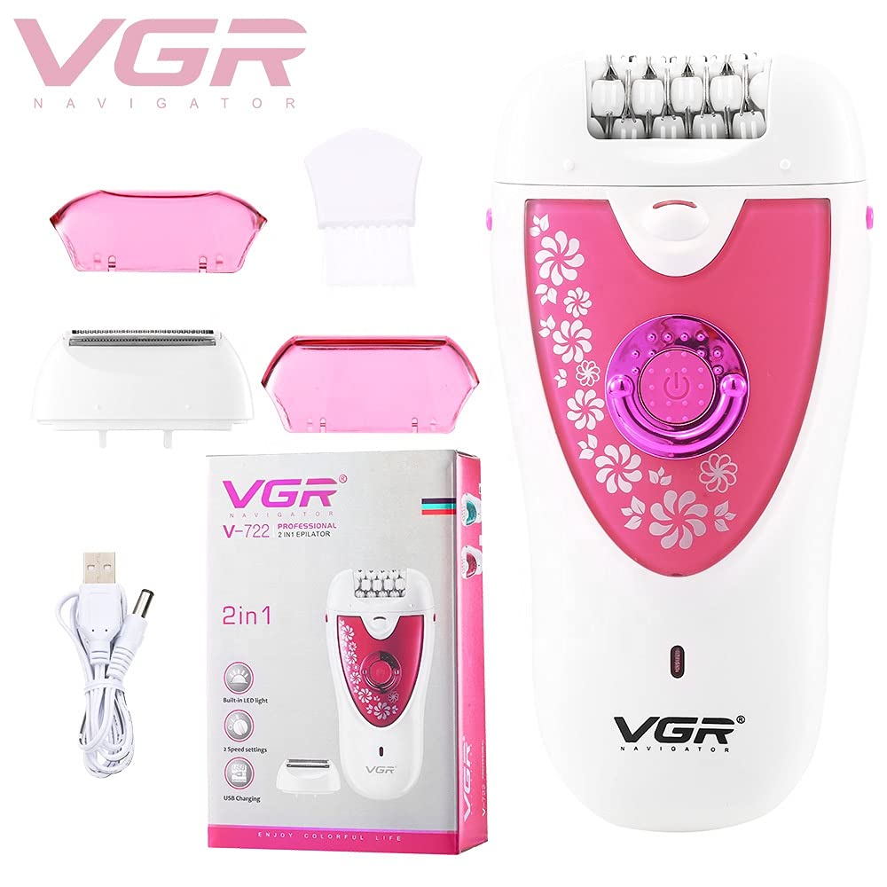 VGR V-722 Cordless Professional 2-in-1 Women Epilator & Shaver for different body areas for Wet & Dry | 35 minutes Runtime | Pack of 1 (Pink)