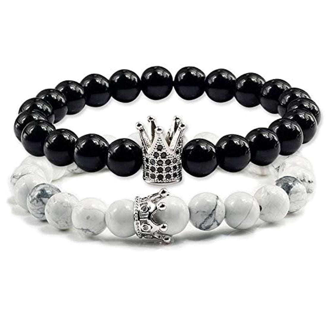Couple His And Hers Distance Beads King and Queen Crown Charm Stone Bracelet (Black, White)