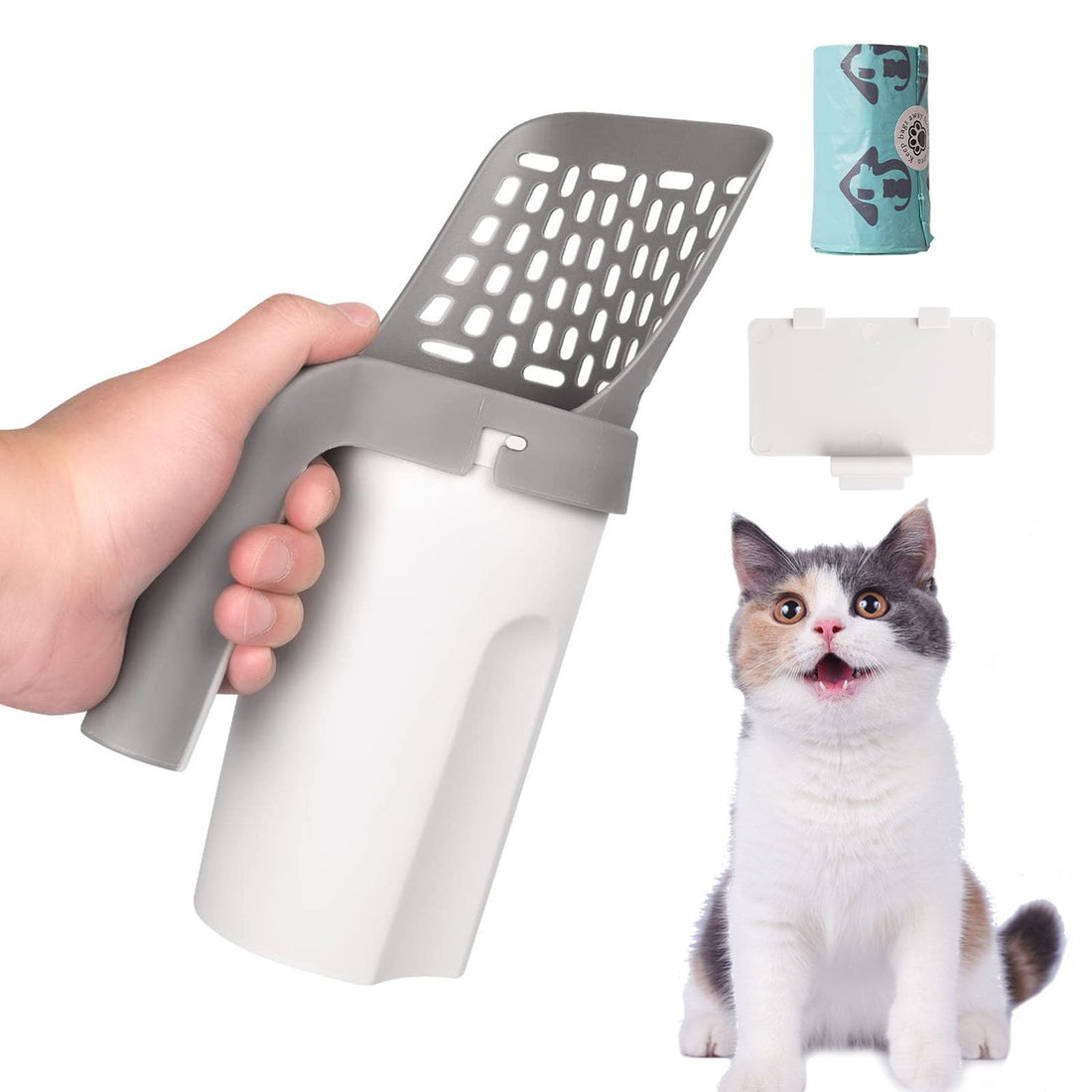 Pooper Scooper, Cat Litter Scoop with Cat Litter Bags, Scoop Away Cat Litter, Integrated Detachable Deep Shovel Holder, Cat Litter Shovel Set, Large Capacity Portable, Household Cat Poop Shovel