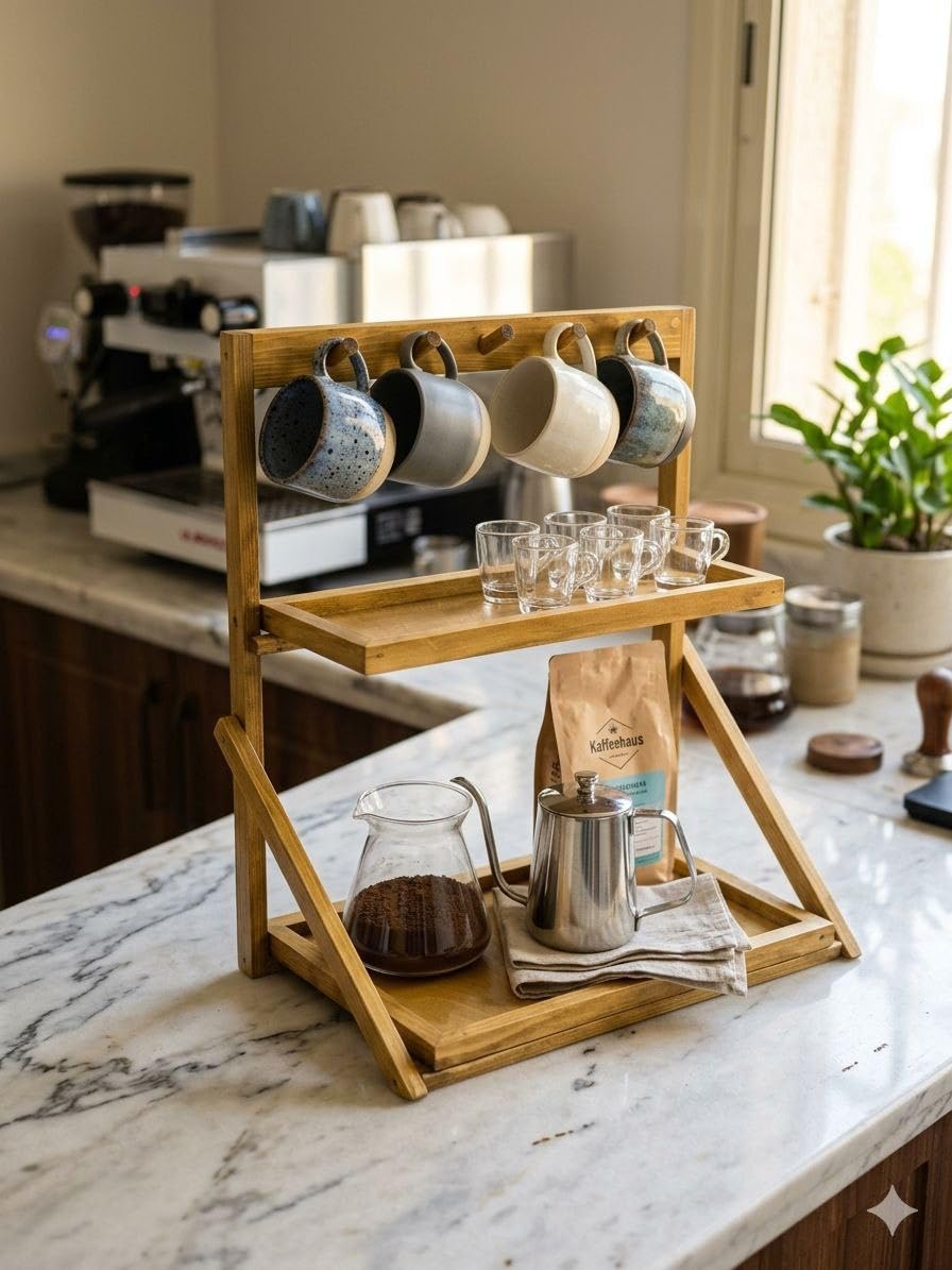 Mini Coffee foldable Corner Wood – Stand 2 Doors for Organizing Coffee Tools and Display classic Stylish Design