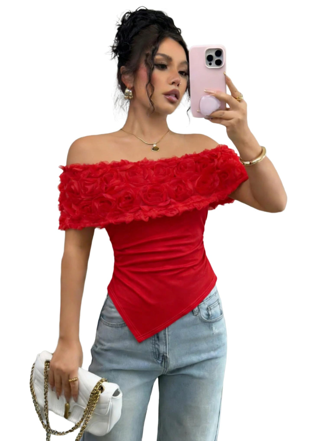 Rafferiza Women's Summer 3D Rose Flower Top - Romantic Red Off Shoulder Asymmetrical Hem Slim Fit Blouse - Short Sleeve T-Shirt for Valentine's Day and Spring Fashion