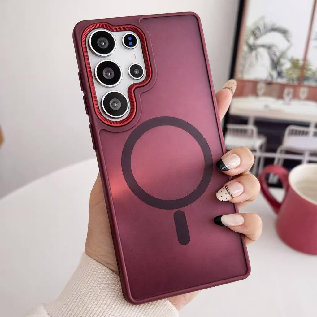 ECO Magnetic case for Samsung Galaxy S24 Ultra, Full Camera Protection with lens, Compatible with wireless charging, Transparent clear, Shockproof Case For samsung s24 ultra (Translucent Red Wine)